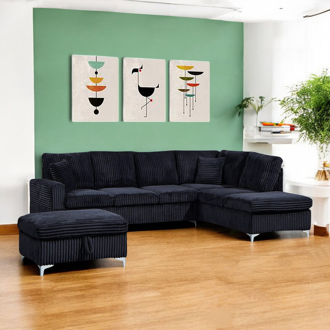 Scott Reversible Sectional Sofa Set In Soft Fabric Upholstery - Black