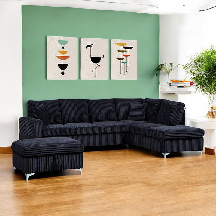 Scott Reversible Sectional Sofa Set In Soft Fabric Upholstery - Black