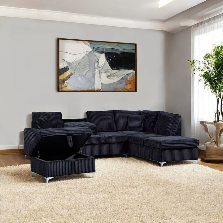 Scott Reversible Sectional Sofa Set In Soft Fabric Upholstery - Black
