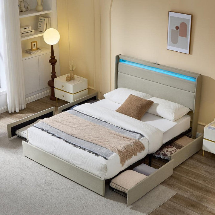 Elvina Fabric Upholstered Platform Bed Frame With USB Charging Ports - Beige