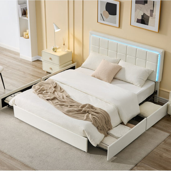 Floris PU Upholstered Platform Bed Frame With Power Outlets - White