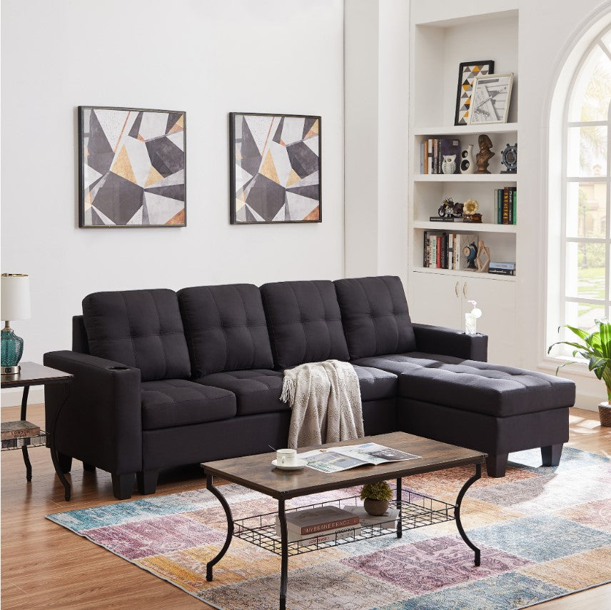 Bexen Fabric Upholstered Sectional Sofa With Reversible Chaise - Black