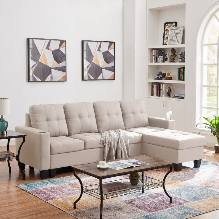 Bexen Fabric Upholstered Sectional Sofa With Reversible Chaise - Beige