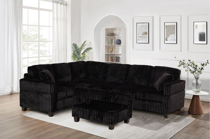 Xavier Canapé sectionnel rembourré en tissu avec pouf de rangement – Noir