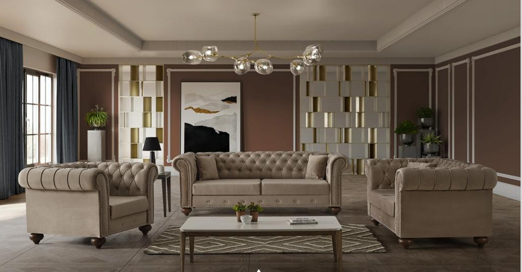 Makron Beige 3-Piece Stationary Sofa Set In Velvet Upholstery