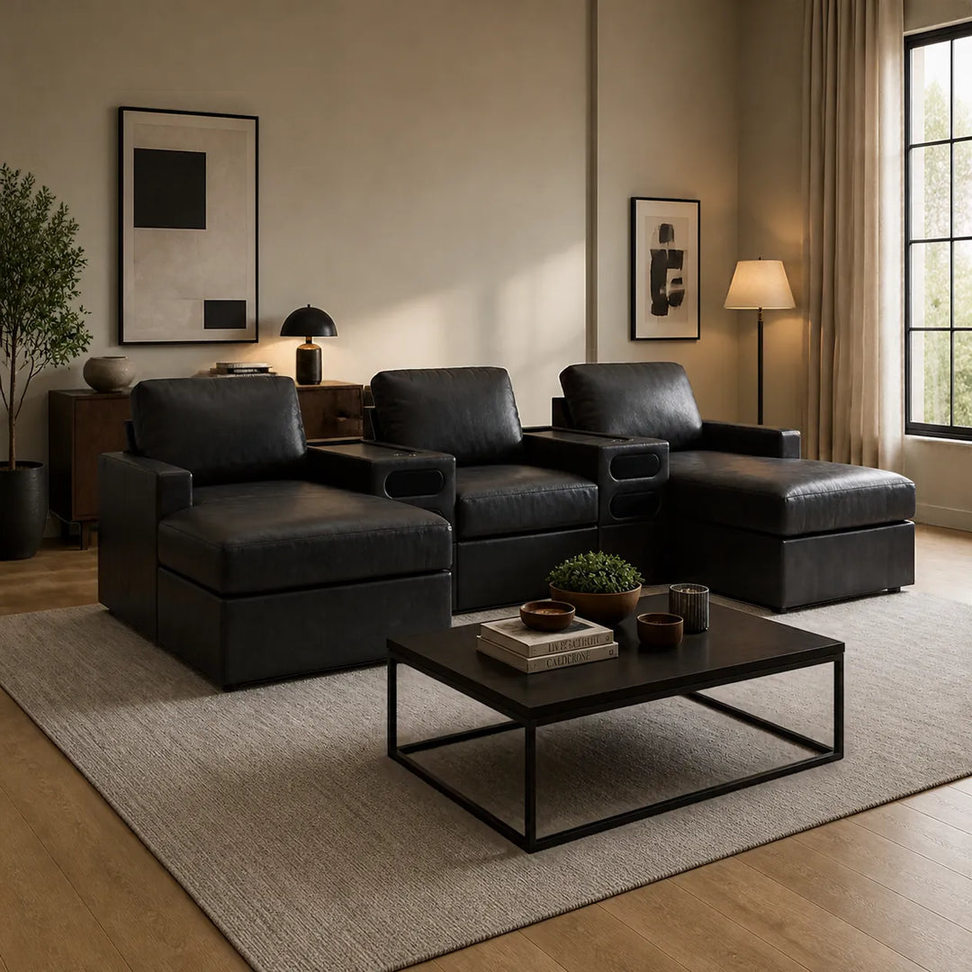 74305S49 Modmax II 5-piece Leather Upholstered Sectional Sofa With Dual Chaise &amp; Audio Console - Black | Signature Design By Ashley