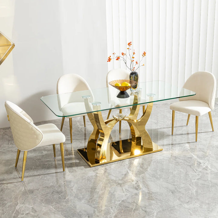 Trinity Metallic Dining Table Set For 6 With Fabric/ Leather Upholstered Chairs - Beige/ Gold