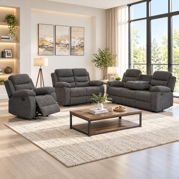 Chester 3-Piece Manual Recliner Set In Fabric Upholstery - Grey