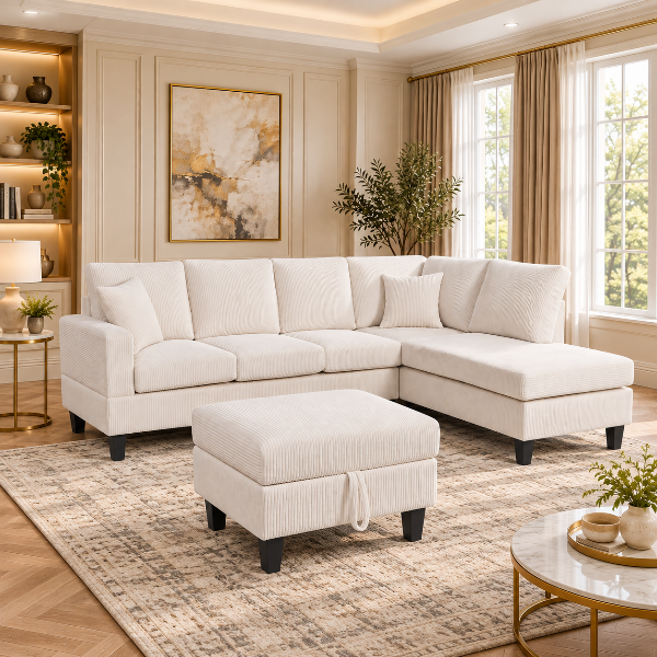 Jerry Beige Fabric Upholstered Sectional Sofa With Reversible Chaise &amp; Ottoman