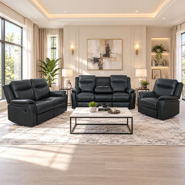 Hilton 3-Piece Manual Recliner Set In Air Leather Upholstery - Black