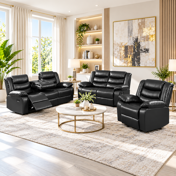 Lisa 3-Piece Manual Recliner Set In Air Leather Upholstery - Black
