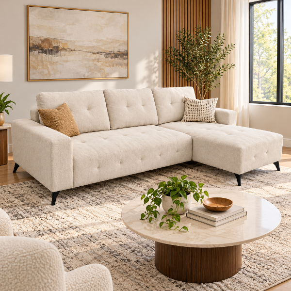 Binny Fabric Upholstered Beige Sectional Sofa Bed With Chaise Lounge | Available In RHF/ LHF Configuration