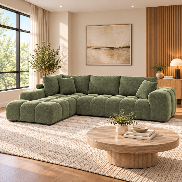 Simon Green L-Shaped Sectional Sofa In Fabric Upholstery | Available In RHF/ LHF Configuration