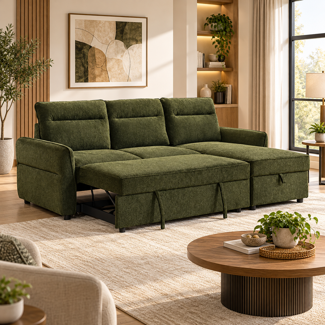 Flick Green Sectional Sofa Bed With Reversible Storage Chaise