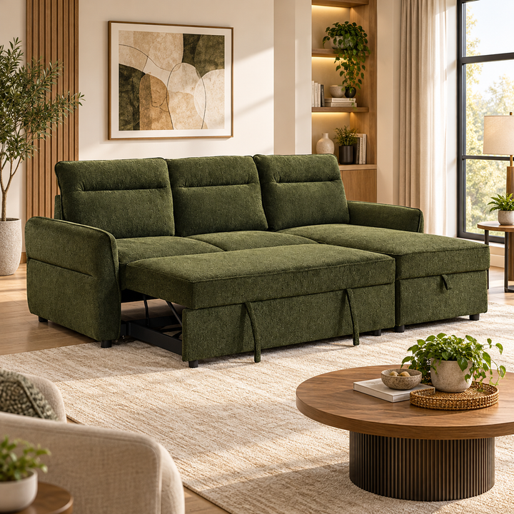 Flick Green Sectional Sofa Bed With Reversible Storage Chaise