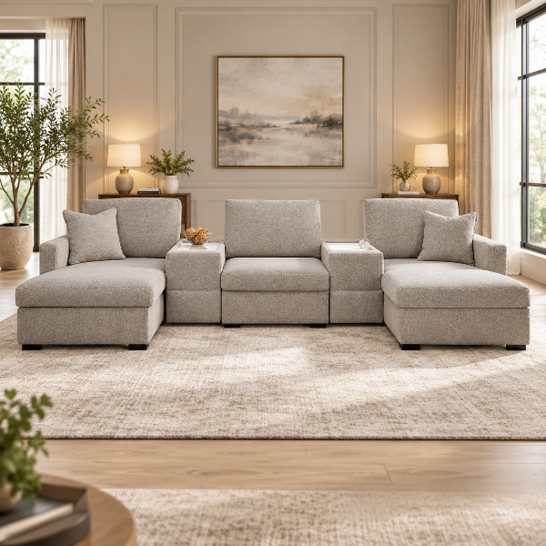 68605S38 Modmax Luxe 5-Piece Fabric Upholstered Sectional Sofa With Dual Chaise &amp; Storage Console - Flint | Benchcraft By Ashley