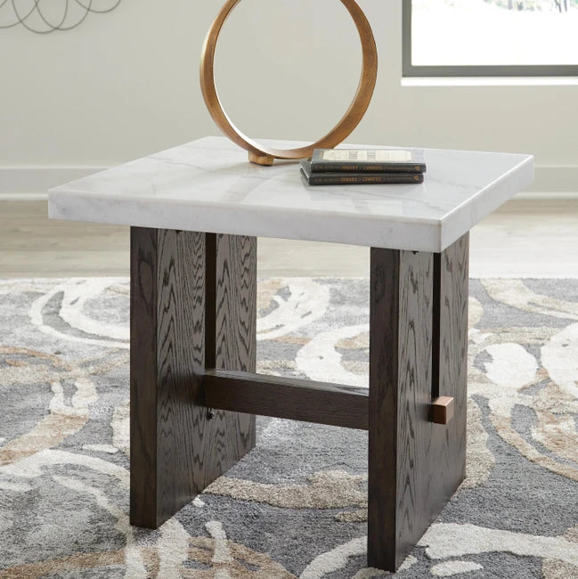 T779-3 Burkhaus End Table With Marble Top - White/ Dark Brown | Signature Design By Ashley