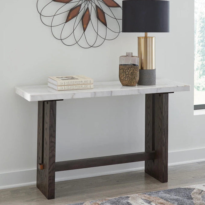 T779-4 Burkhaus Sofa Table With Marble Top - White/ Dark Brown | Signature Design By Ashley
