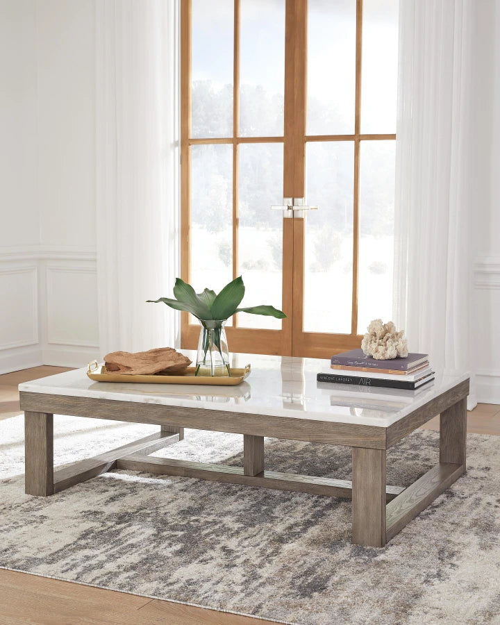 T789-1 Loyaska Wooden Coffee Table With Marble Top - Brown/ Ivory | Signature Design By Ashley