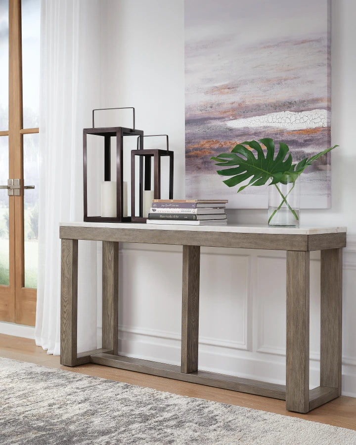 T789-4 Loyaska Wooden Sofa Table With Marble Top - Brown/ Ivory | Signature Design By Ashley