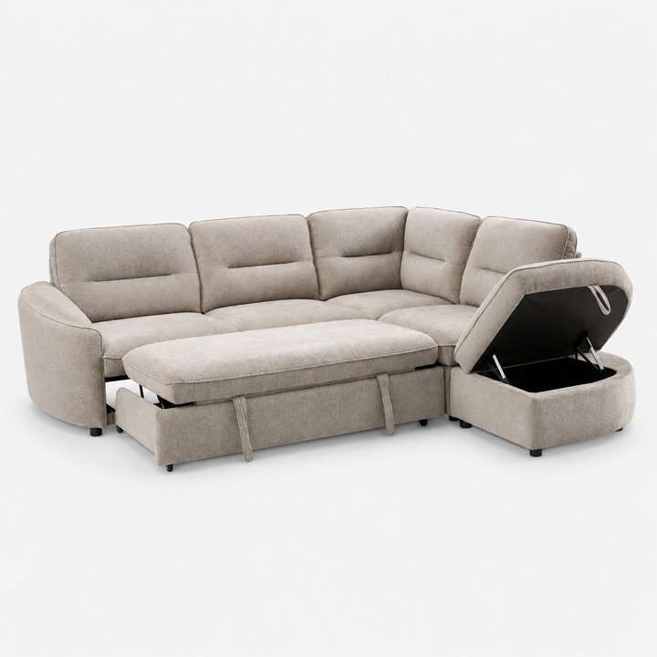 Stuart Beige Sleeper Sectional Sofa With Storage Chaise | Available In RHF/ LHF Configuration