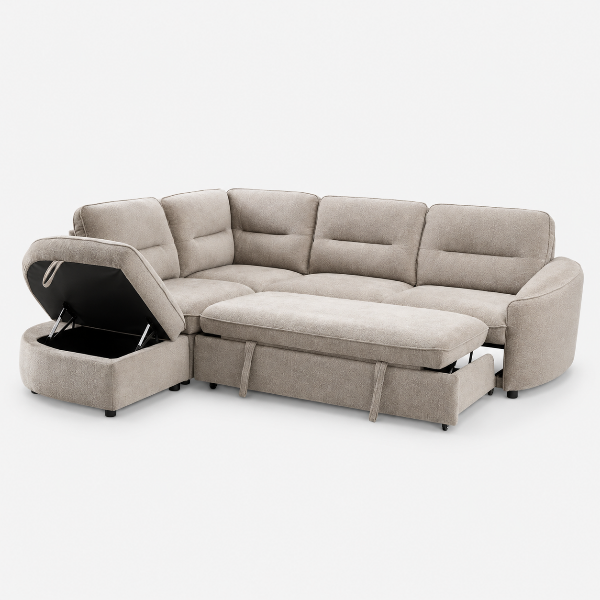Stuart Beige Sleeper Sectional Sofa With Storage Chaise | Available In RHF/ LHF Configuration