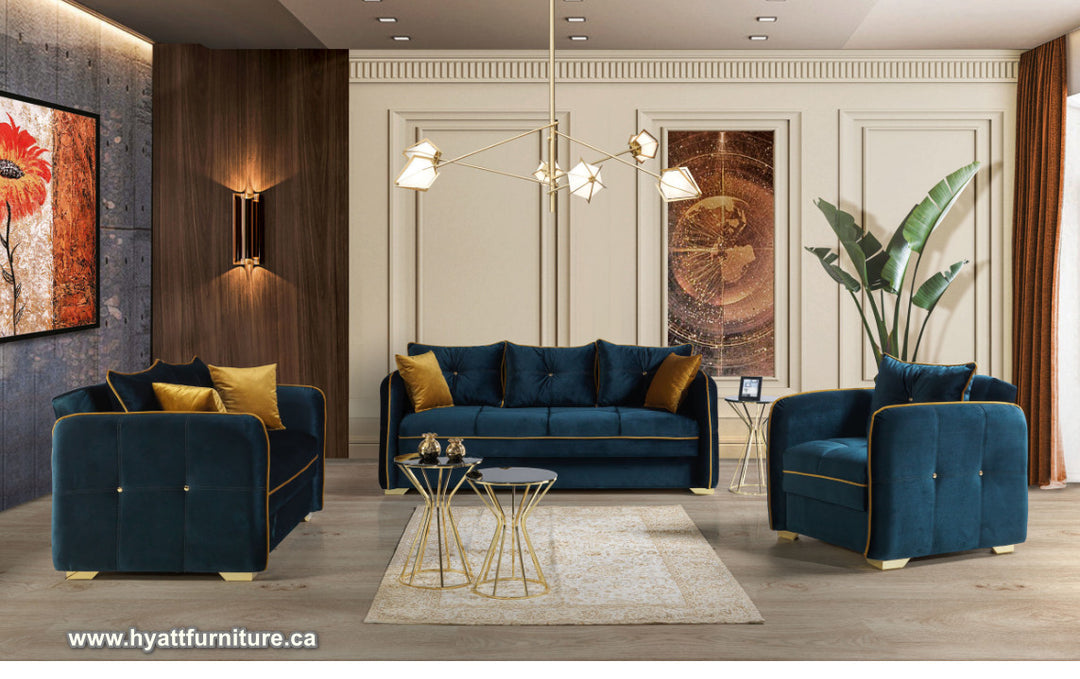 Shepherd Blue 3-Piece Stationary Sofa Set In Velvet Upholstery