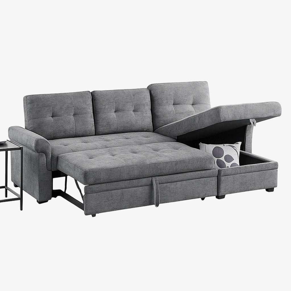 Trenton Sectional Sofa Bed With Reversible Storage Chaise & USB Charging Ports - Grey