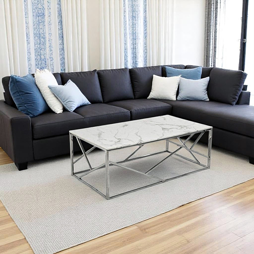Carole Coffee Table Set With Marble Top & Chrome Finish