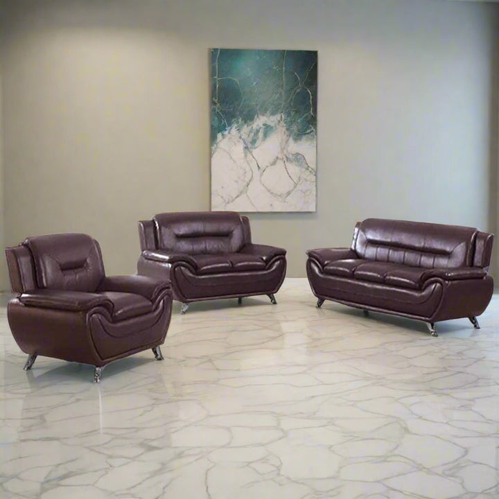 Gilan 3-Piece Sofa Set In Faux Leather Upholstery - Chocolate
