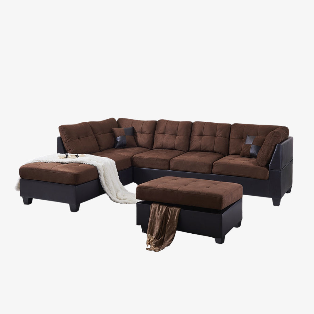 Eva Canapé sectionnel en tissu avec méridienne accoudoir gauche et pouf de rangement – Chocolat/ Noir