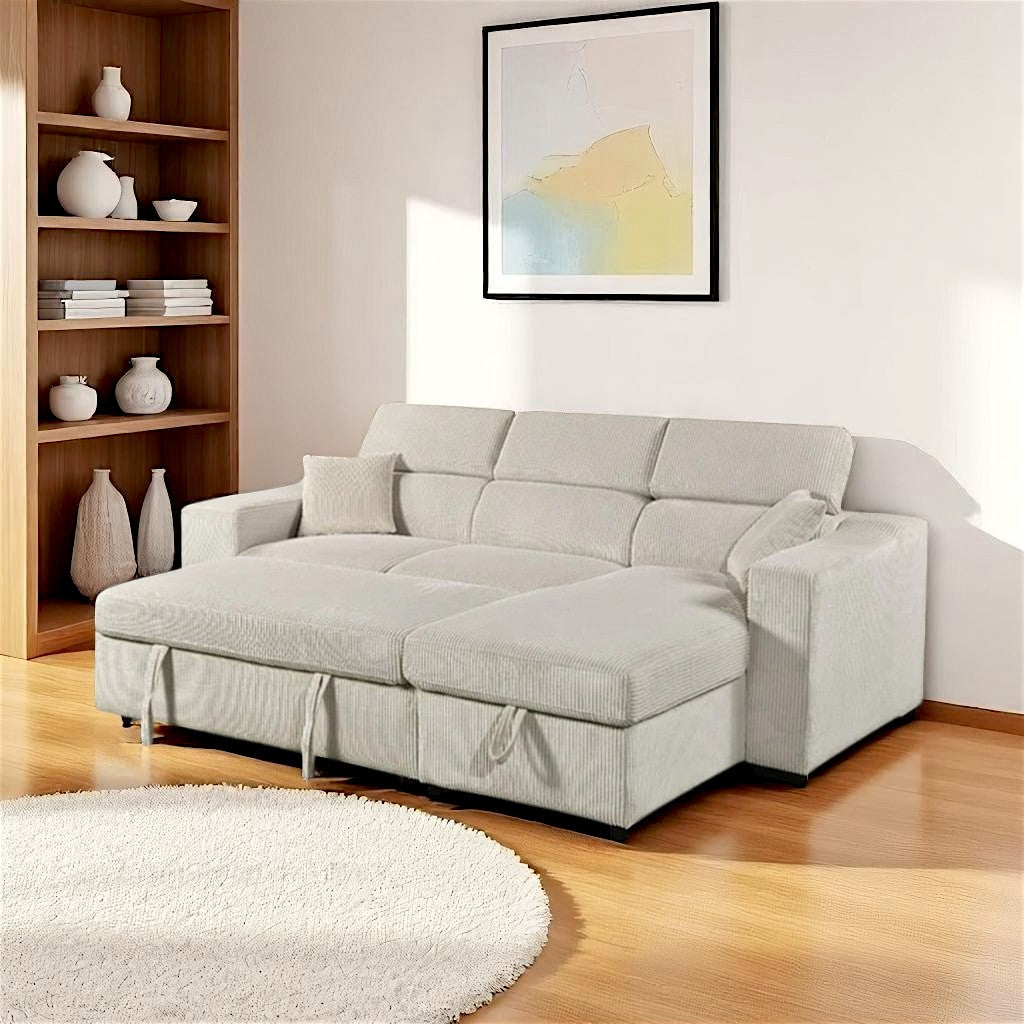 Aureus Reversible Sectional Sofa Bed In Fabric Upholstery - Ivory - Beige - Close-Up Detail