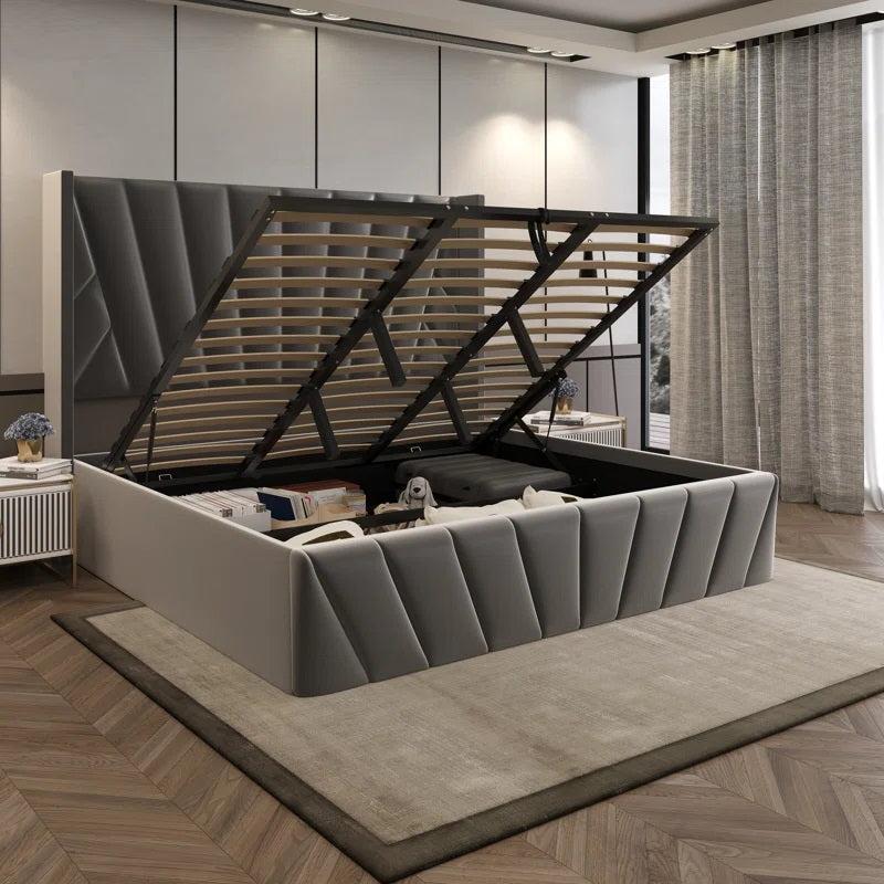 Gala Velvet Upholstered Platform Bed Frame With Smart Lift-Up Storage - Grey