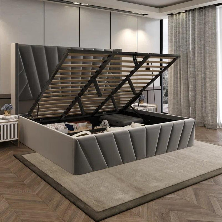 Gala Velvet Upholstered Platform Bed Frame With Smart Lift-Up Storage - Grey