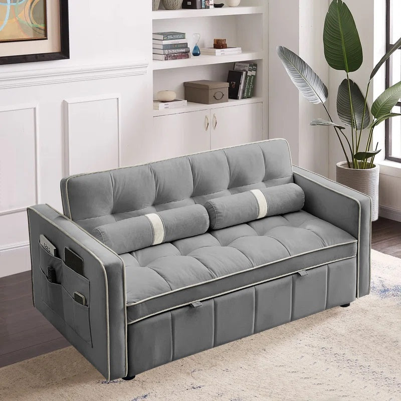 Velour Pull Out Sleeper Sofa Bed In Fabric Upholstery - Grey