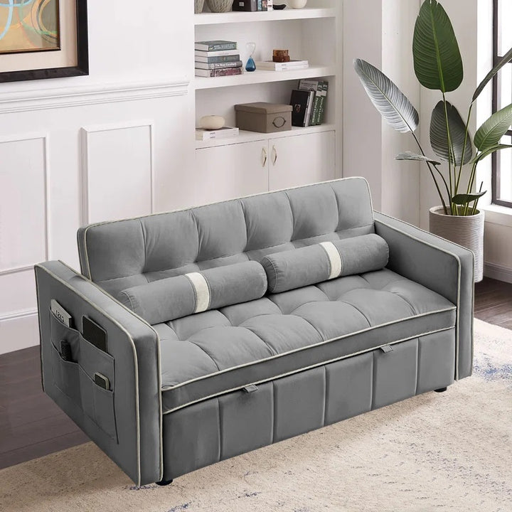 Velour Pull Out Sleeper Sofa Bed In Fabric Upholstery - Grey