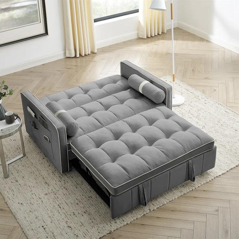Velour Pull Out Sleeper Sofa Bed In Fabric Upholstery - Grey