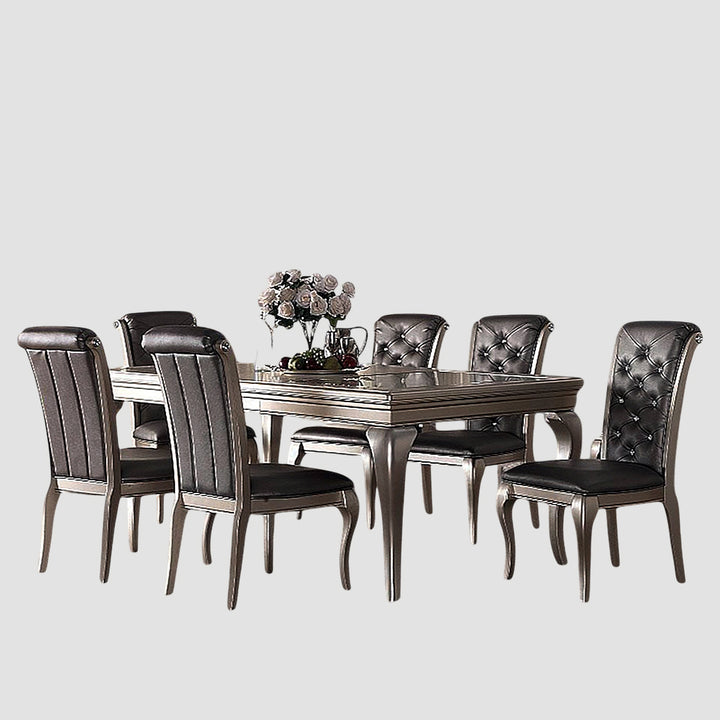 Vertex 7-Piece Dining Set With PU Upholstered Chairs - Silver/ Dark Grey