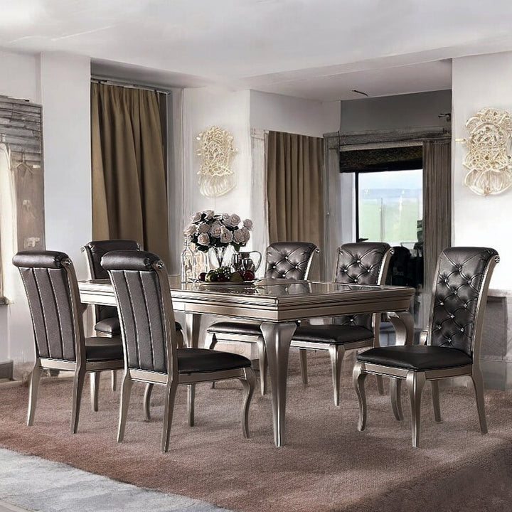 Vertex 7-Piece Dining Set With PU Upholstered Chairs - Silver/ Dark Grey