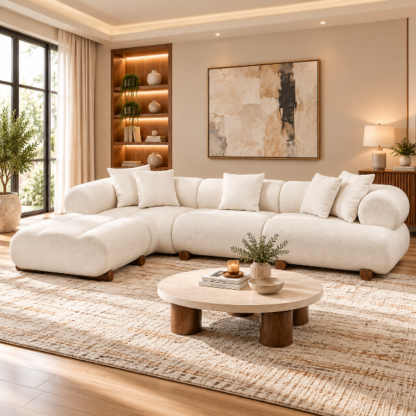 Lewis Cream Fabric Upholstered Sectional Sofa With Chaise Lounge