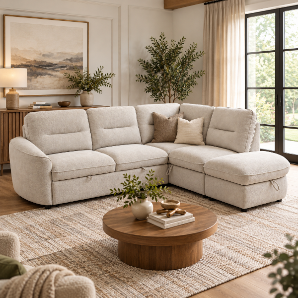 Stuart Beige Sleeper Sectional Sofa With Storage Chaise | Available In RHF/ LHF Configuration