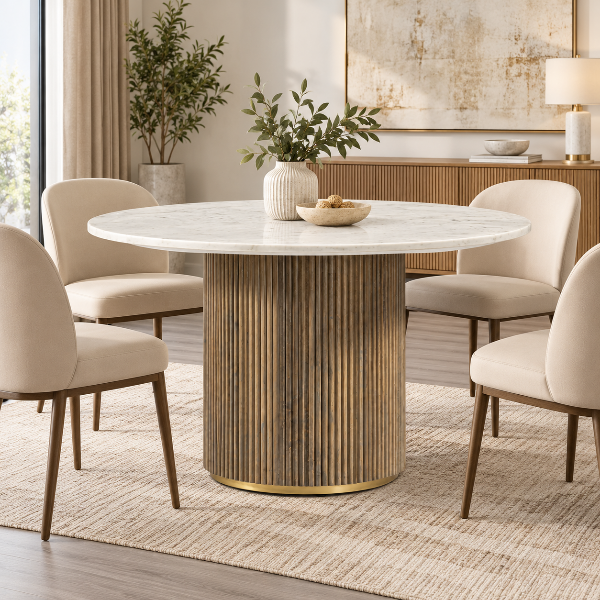 Rein Wooden Dining Table With Marble Top - Grey/White