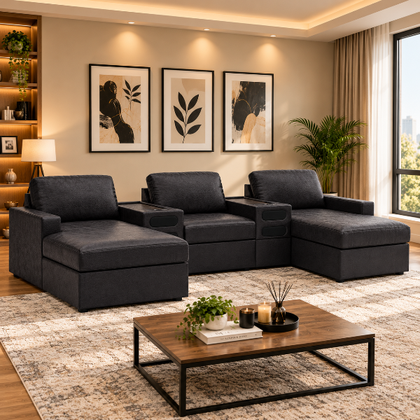 74305S49 Modmax II 5-piece Leather Upholstered Sectional Sofa With Dual Chaise &amp; Audio Console - Black | Signature Design By Ashley