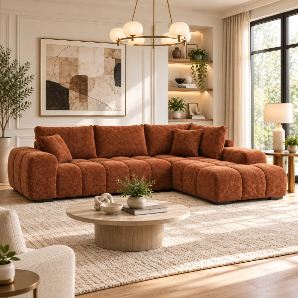Simon Rust L-Shaped Sectional Sofa In Fabric Upholstery | Available In RHF/ LHF Configuration