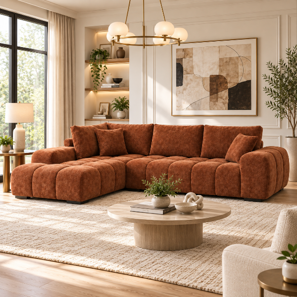 Simon Rust L-Shaped Sectional Sofa In Fabric Upholstery | Available In RHF/ LHF Configuration