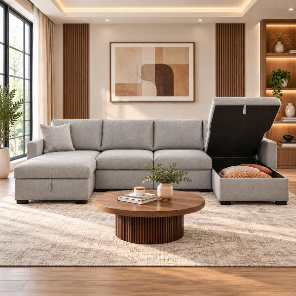 68605S62 Modmax Luxe 4-Piece Fabric Upholstered Sectional Sofa With Dual Storage Chaise - Flint | Benchcraft By Ashley