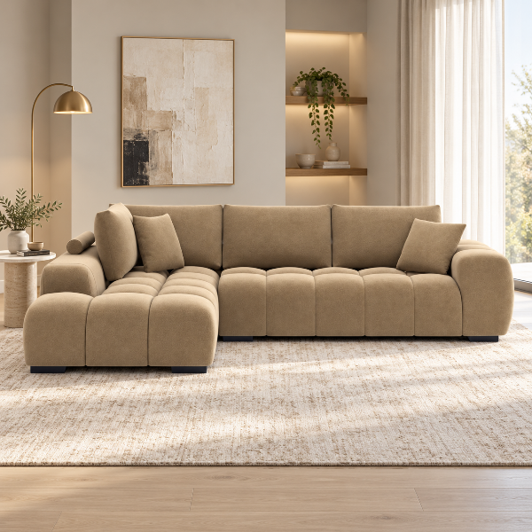 Simon Taupe L-Shaped Sectional Sofa In Fabric Upholstery | Available In RHF/ LHF Configuration