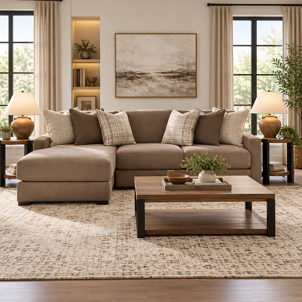 Camellia-Court 3-Piece Fabric Upholstered Sectional Sofa With Chaise - Coffee | Benchcraft By Ashley