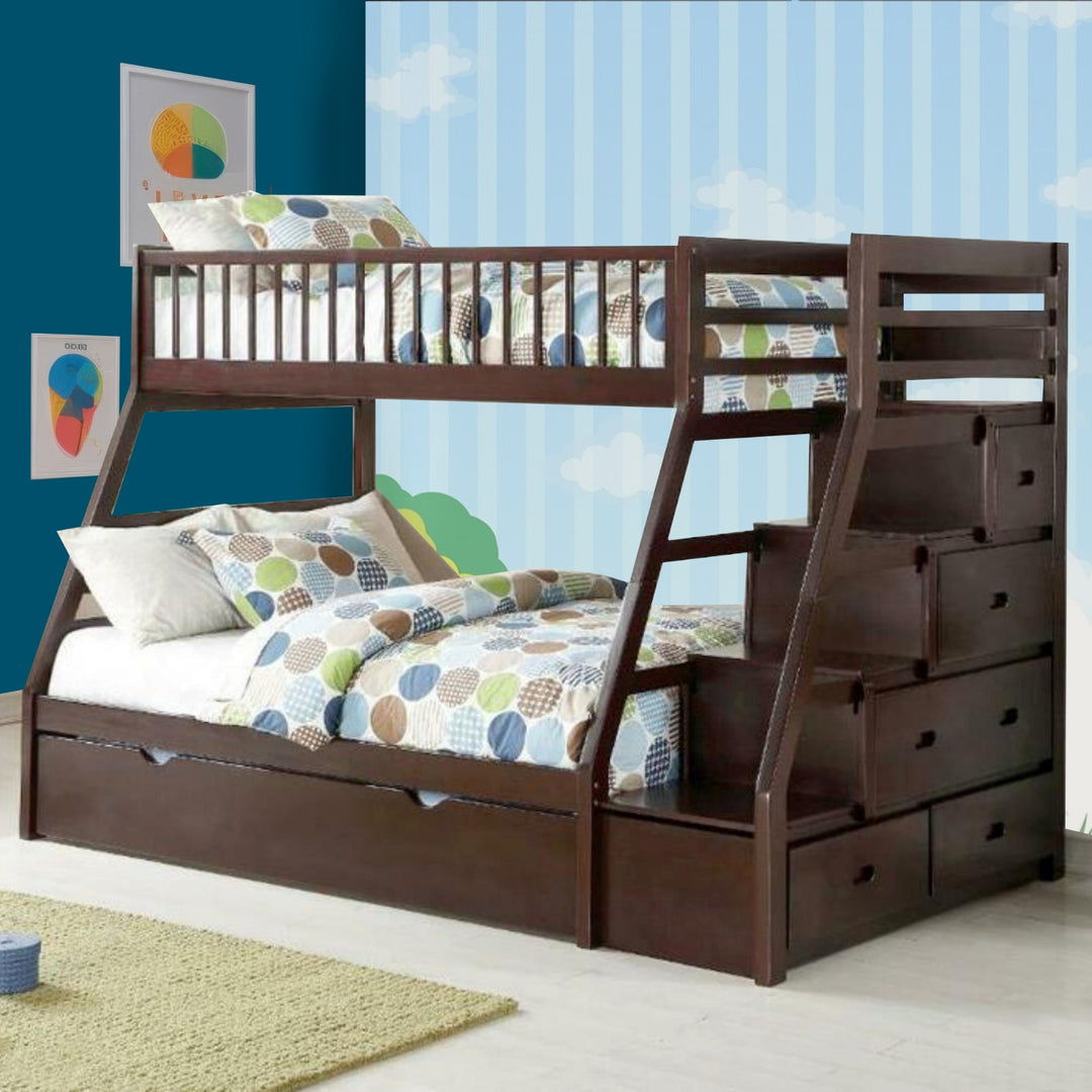 MARI Espresso Twin Over Full Bunk Bed with Staircase Drawers