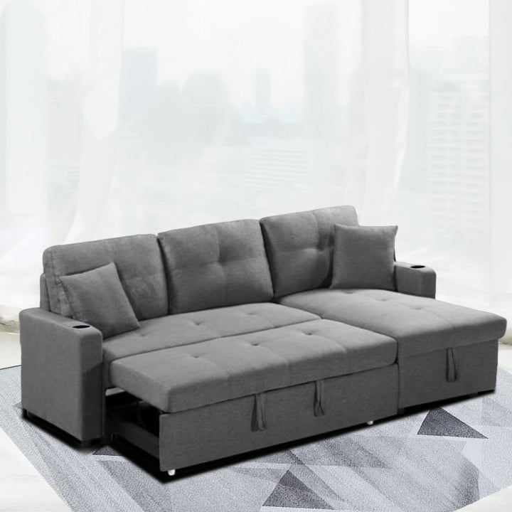 Versatile Elega Sofa Fabric L-Shape Bed with Storage and Cup Holders